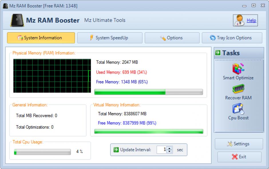 Mz RAM Booster main screen