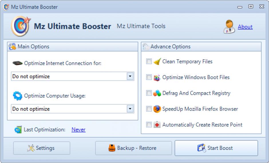 Mz Ultimate Booster main screen