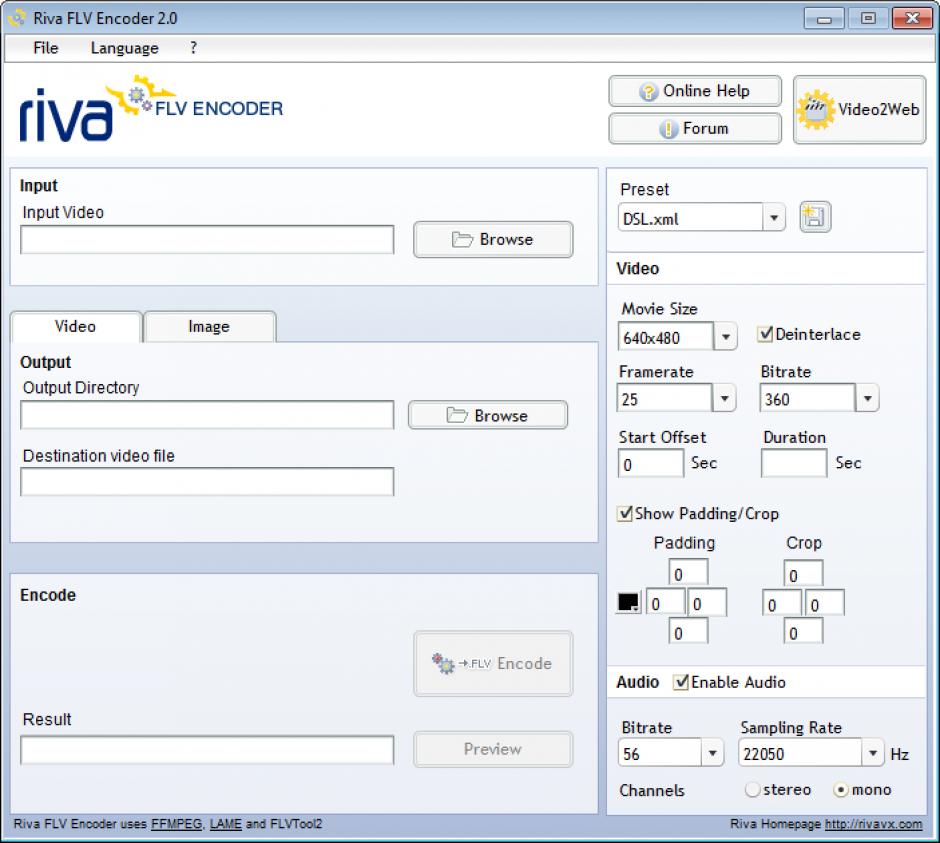 Riva FLV Encoder main screen