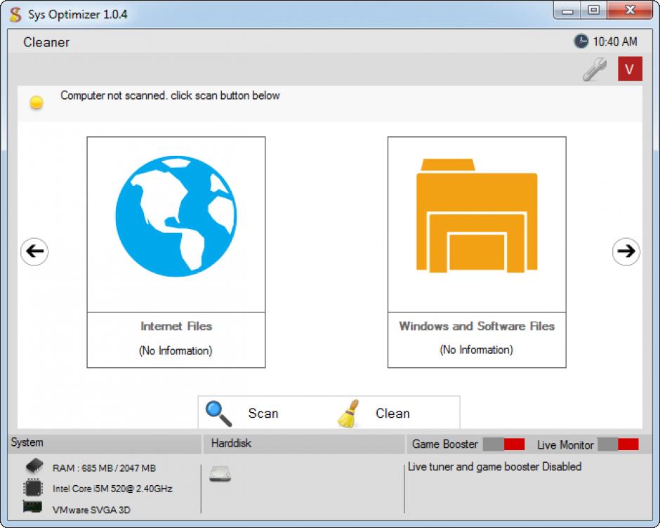 Sys Optimizer main screen