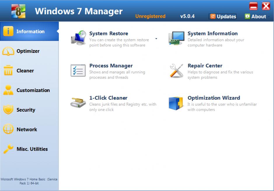 Windows 7 Manager main screen