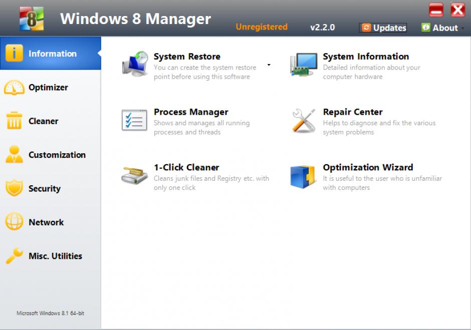 Windows 8 Manager main screen