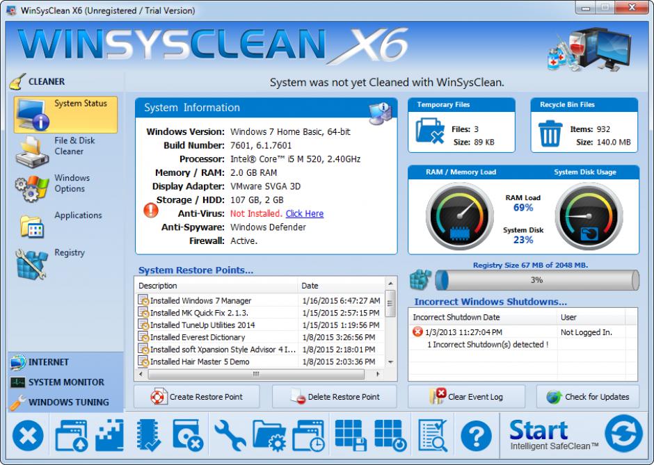 WinSysClean X6 main screen