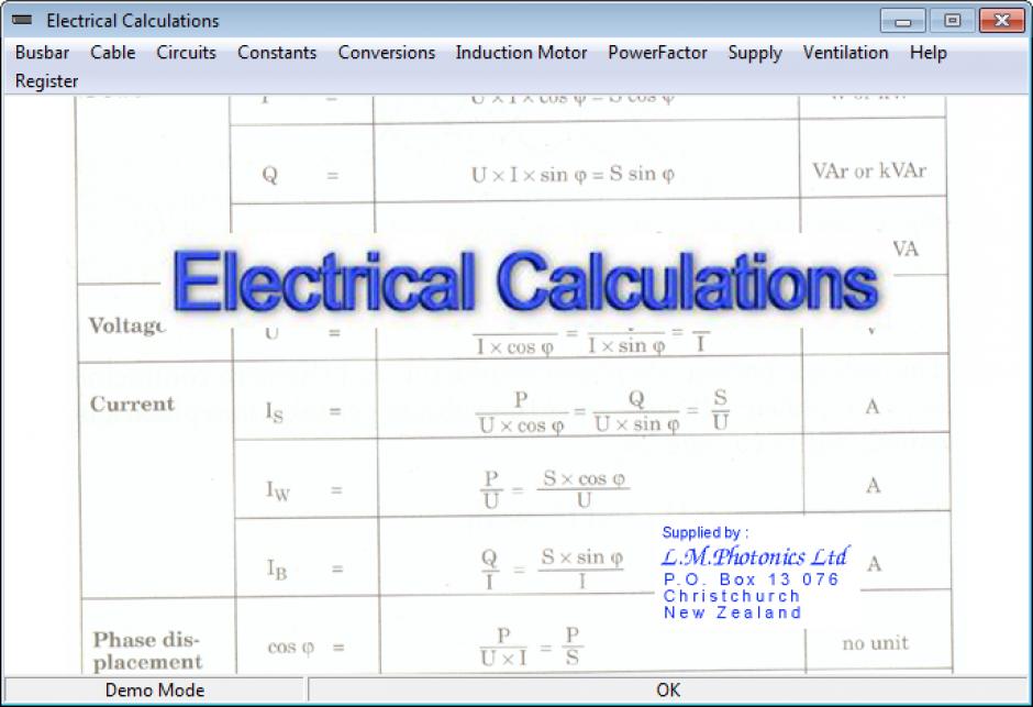 Electrical Calculations main screen