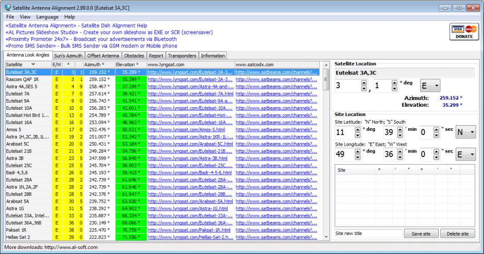 Satellite Antenna Alignment main screen