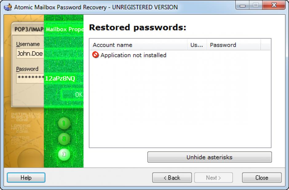 Atomic Mailbox Password Recovery main screen