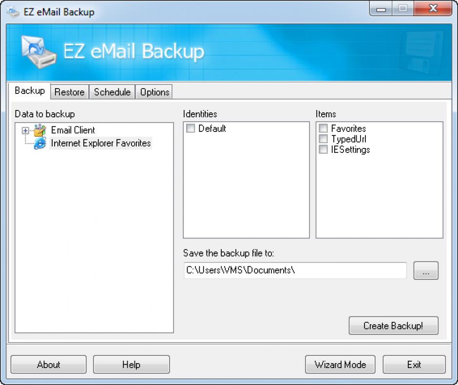 EZ eMail Backup main screen