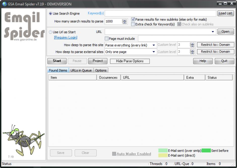 GSA Email Spider main screen