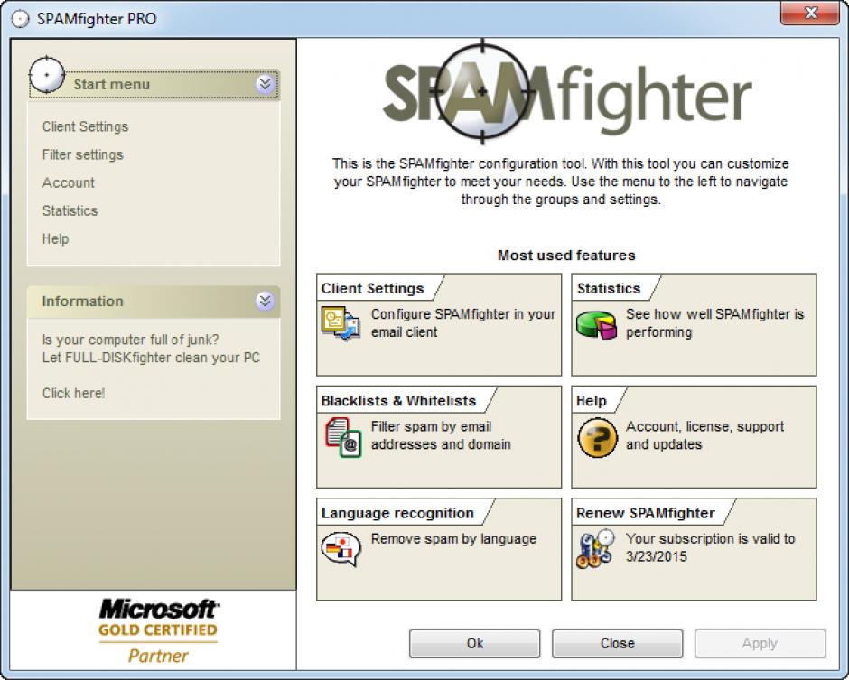 Spamfighter Pro main screen