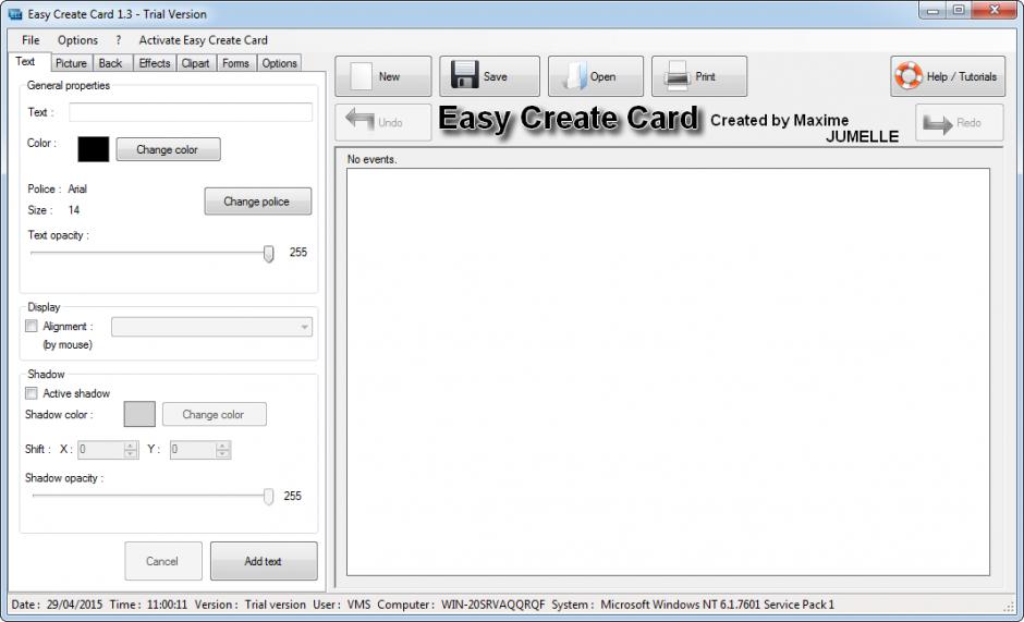Easy Create Card main screen