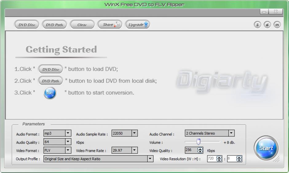 WinX Free DVD to FLV Ripper main screen