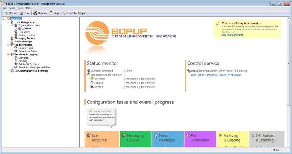 Bopup Communication Server main screen