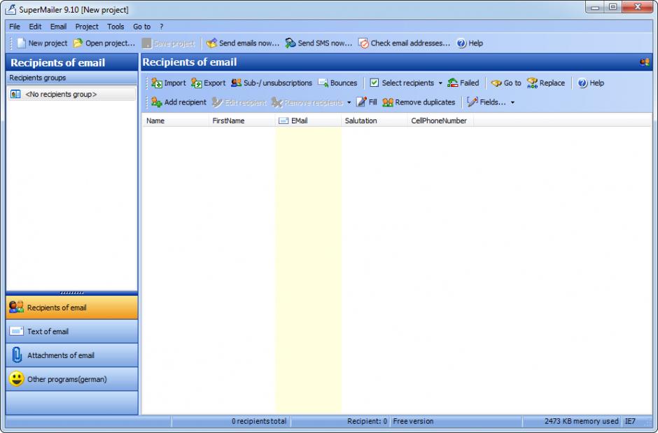 Newsletter Software SuperMailer main screen