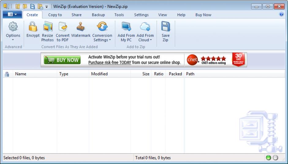 WinZip main screen