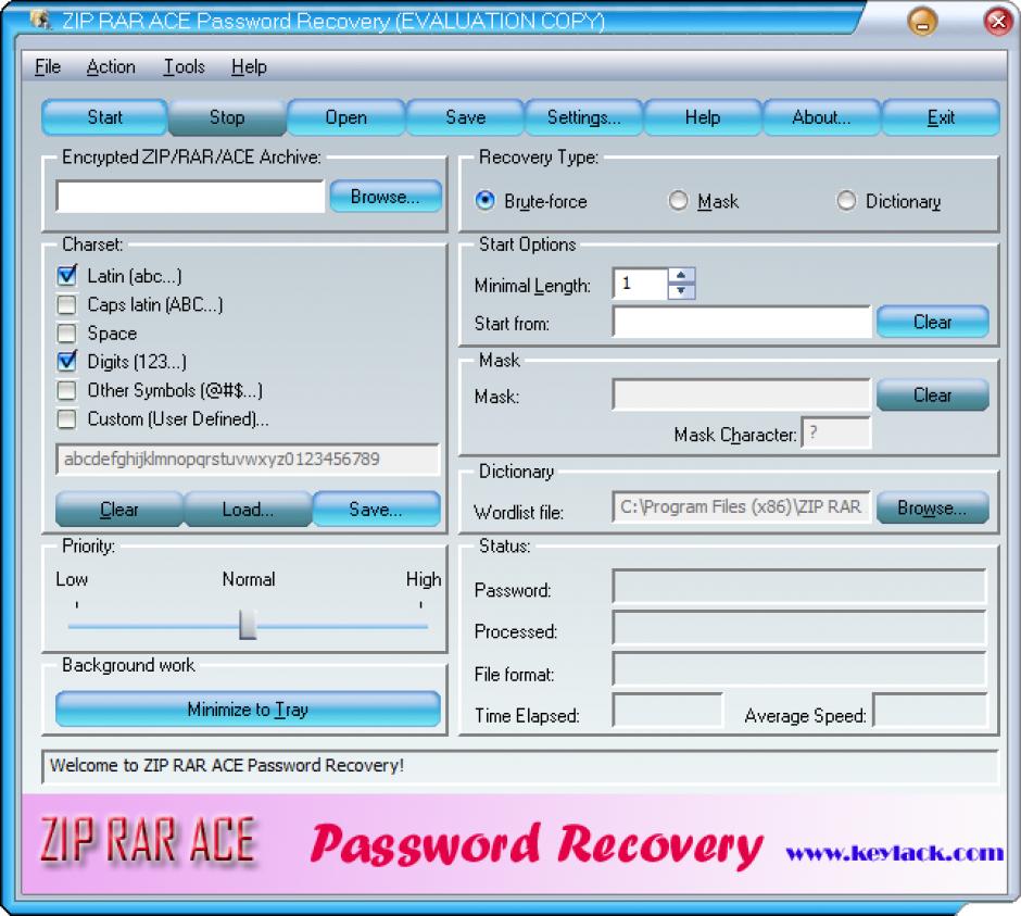 ZIP RAR ACE Password Recovery main screen