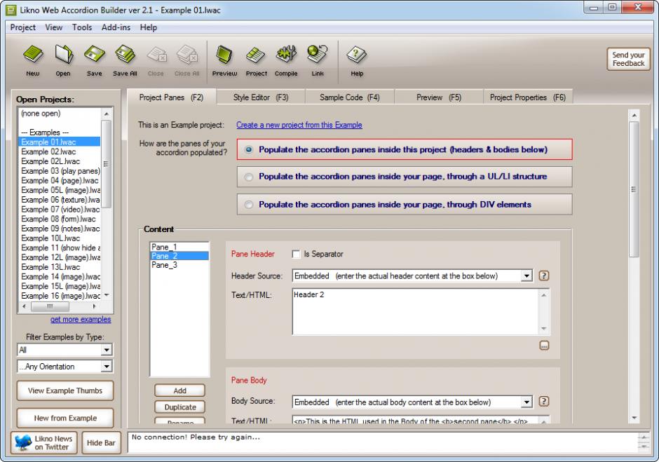 Likno Web Accordion Builder main screen