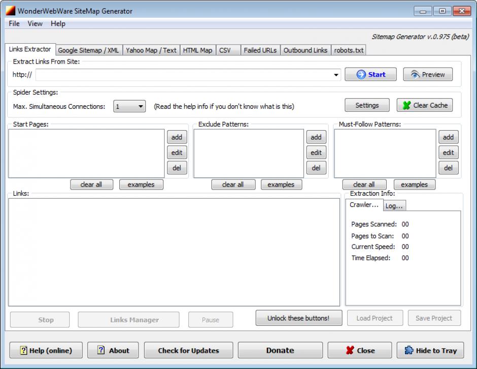 SiteMap Generator main screen