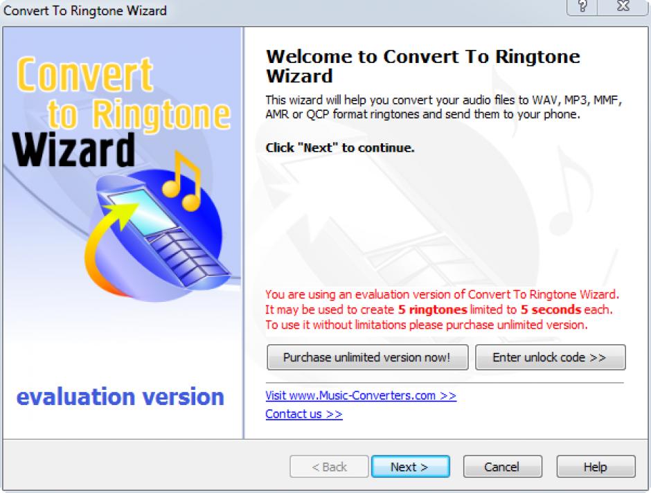 Convert To Ringtone Wizard main screen
