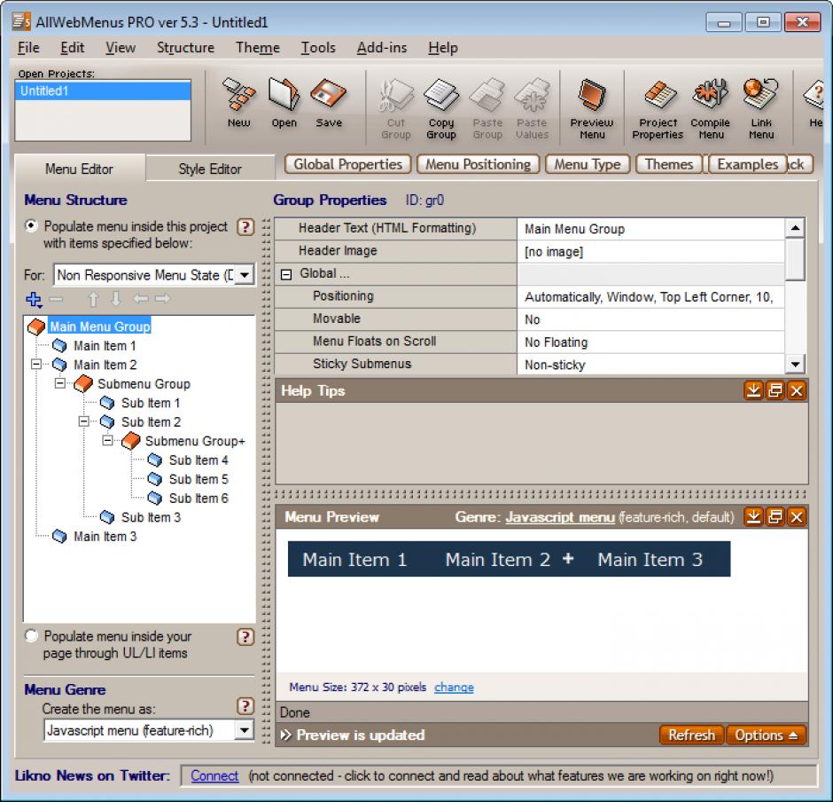 AllWebMenus PRO main screen