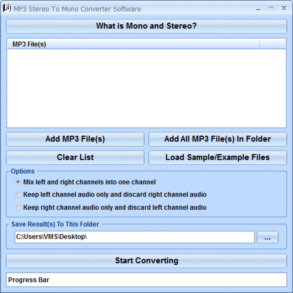 MP3 Stereo To Mono Converter main screen