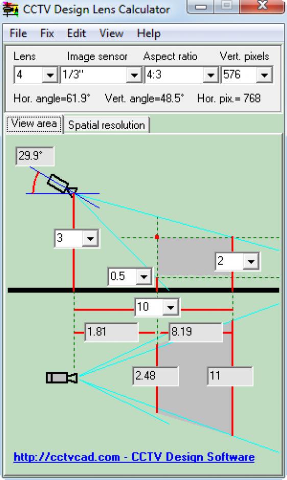 CCTV Design Lens Calculator main screen