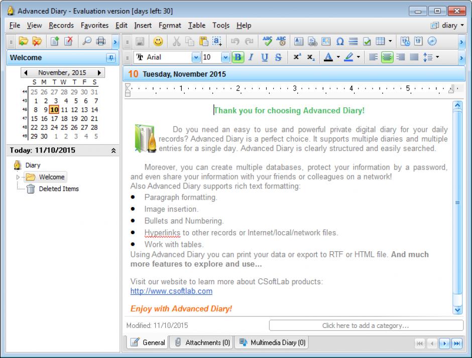 Advanced Diary main screen