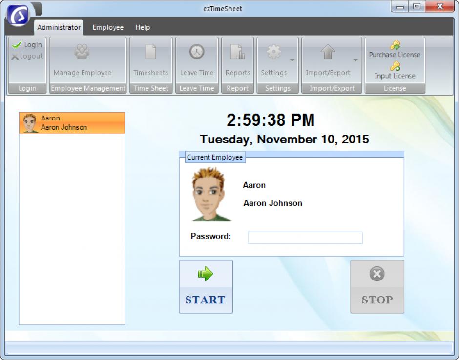 ezTimeSheet main screen