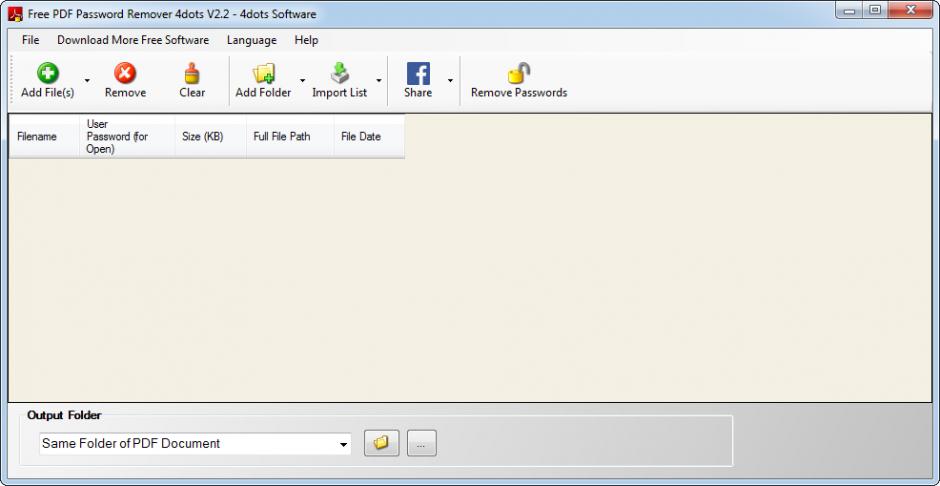 Free PDF Password Remover main screen