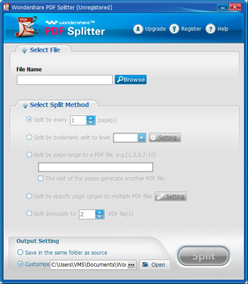 Wondershare PDF Splitter main screen