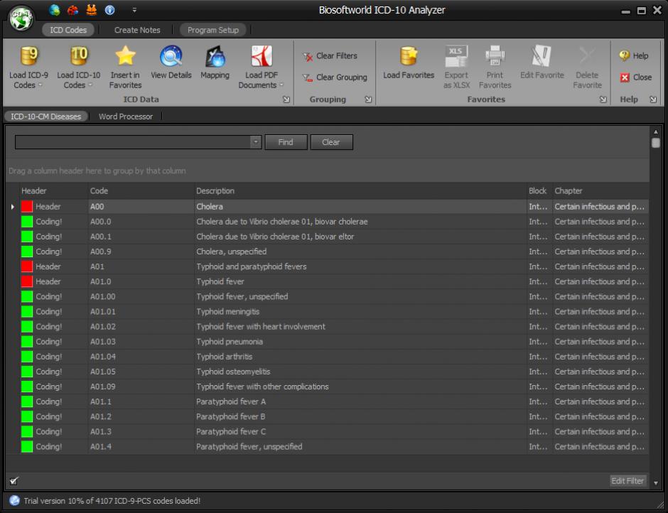 Biosoftworld ICD-10 Analyzer main screen