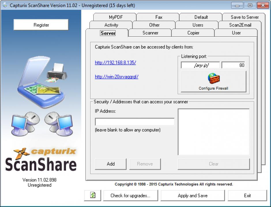 Capturix Scanshare main screen