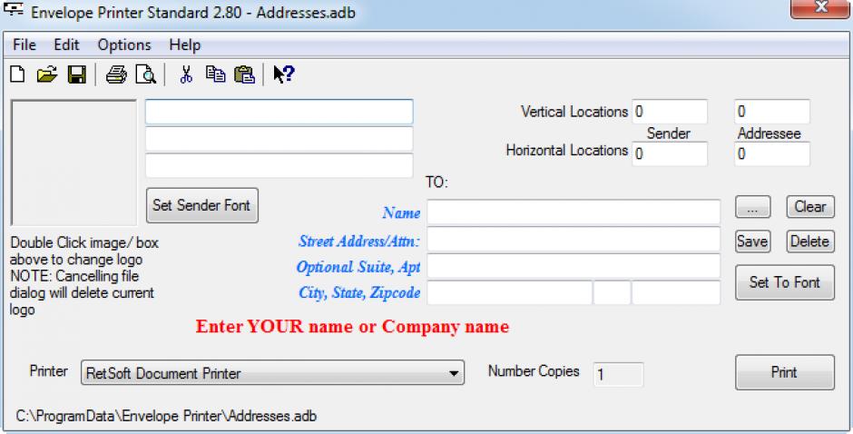 Envelope Printer Standard main screen