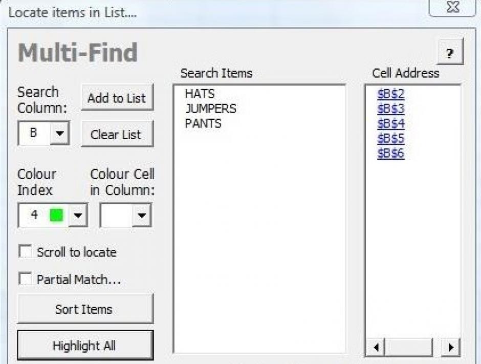 Excel MultiFind main screen