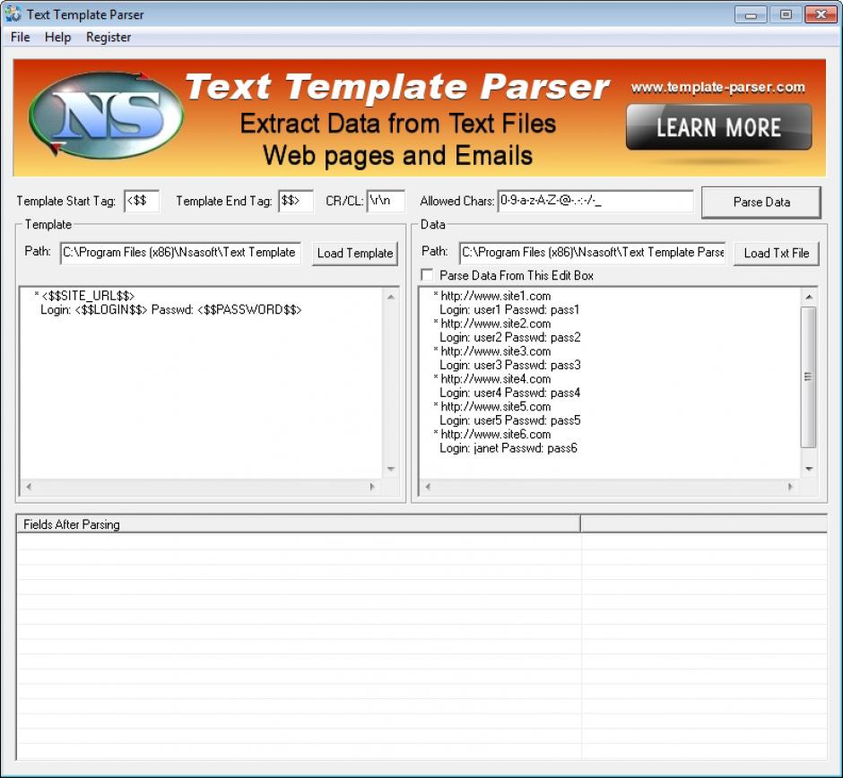 Text Template Parser main screen