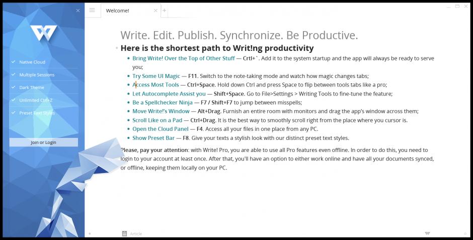 Write! main screen