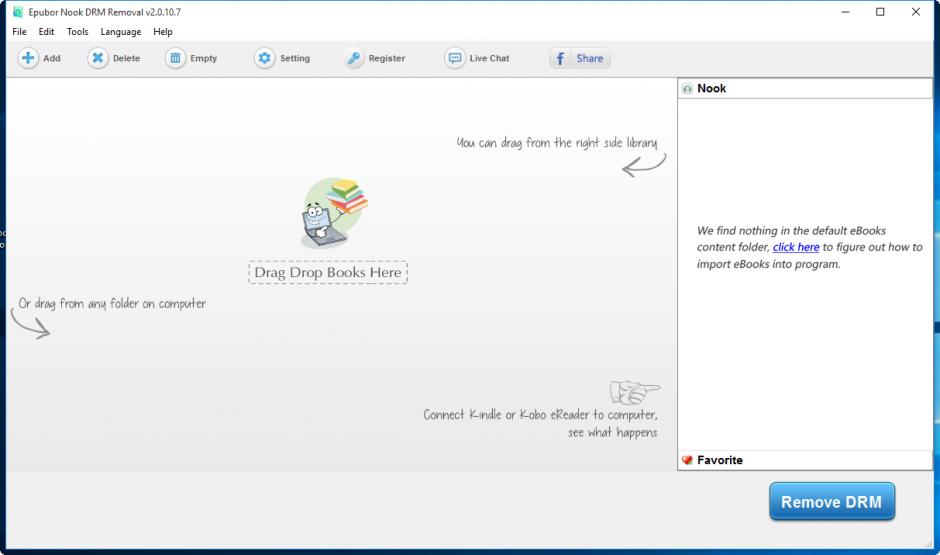 Epubor Nook DRM Removal main screen