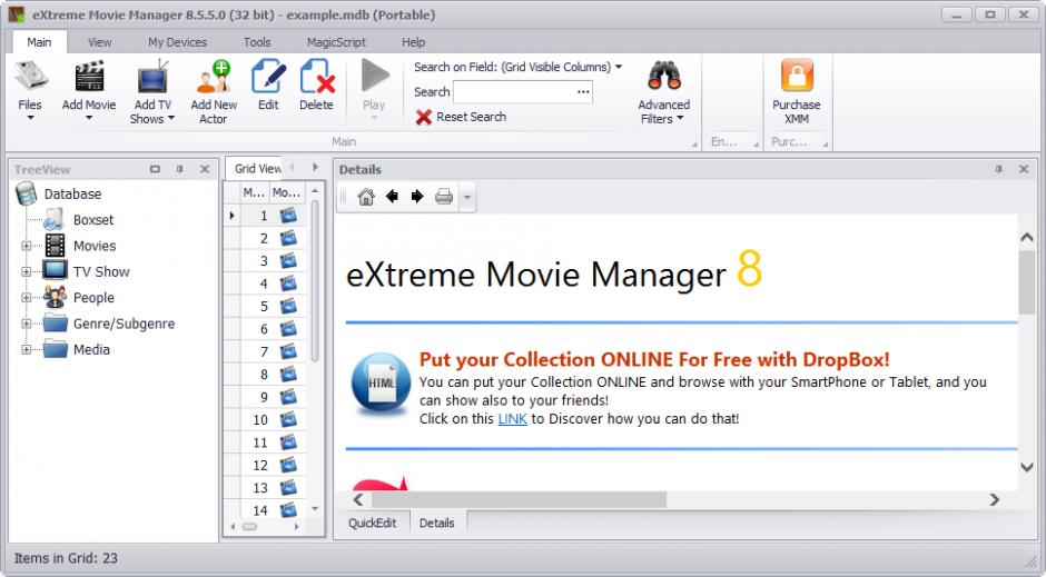eXtreme Movie Manager main screen
