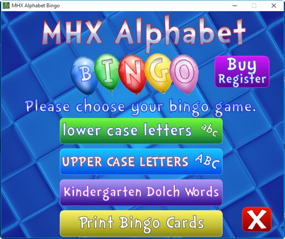 MHX Alphabet Bingo main screen
