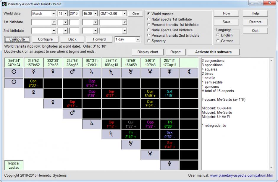 Planetary Aspects and Transits main screen