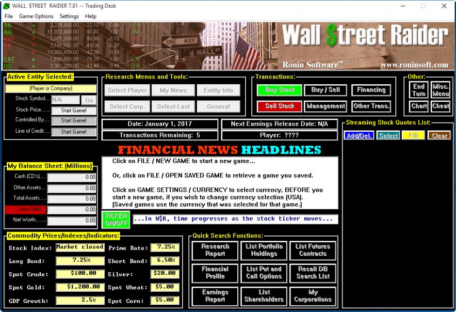 Wall Street Raider main screen