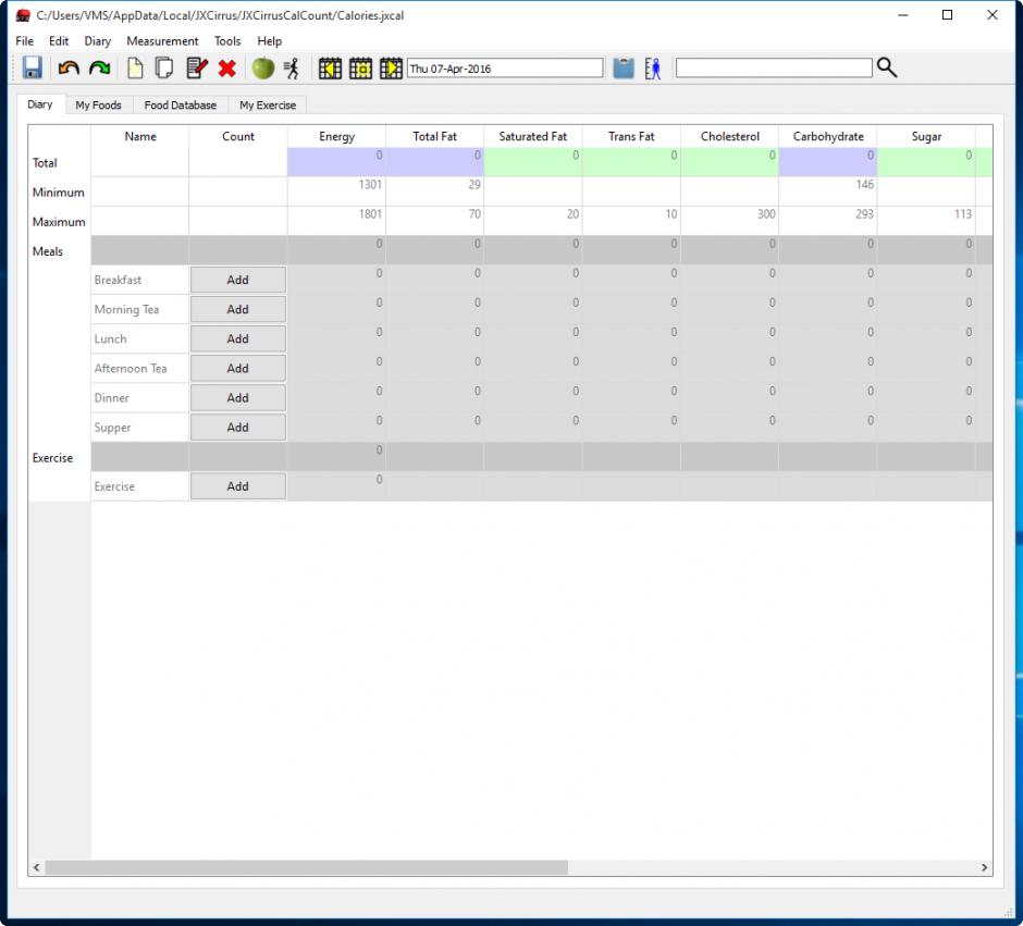 Calorie Counter main screen