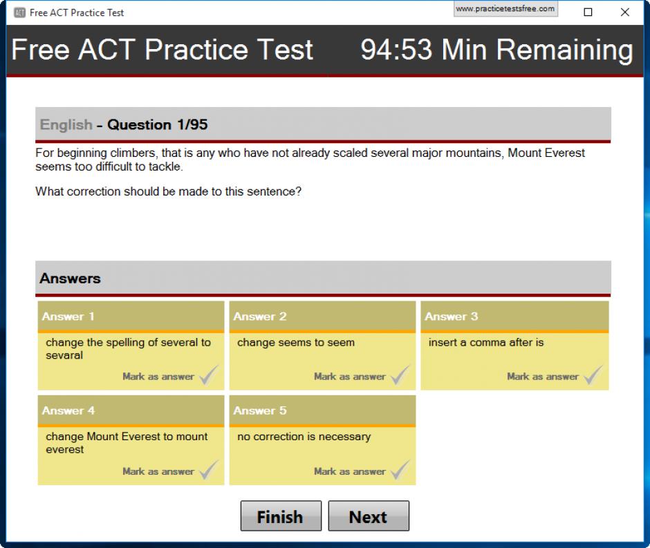 Free ACT Practice Test main screen