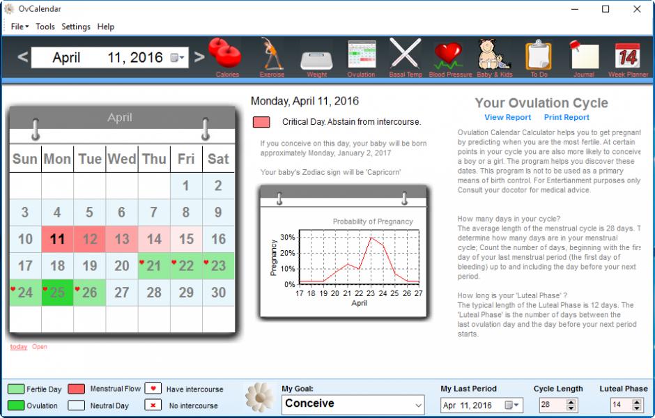 Ovulation Calendar Calculator main screen