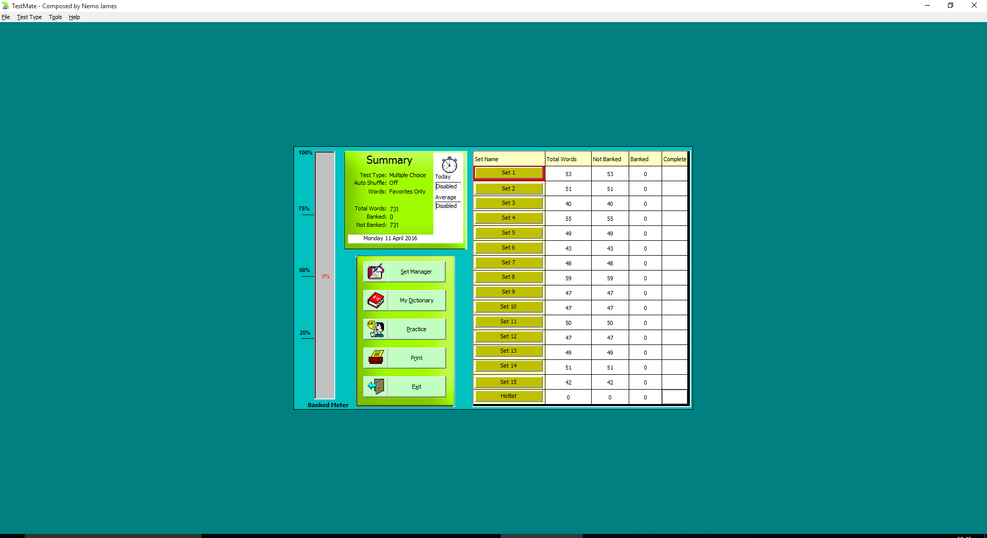 WordBanker Test Mate main screen