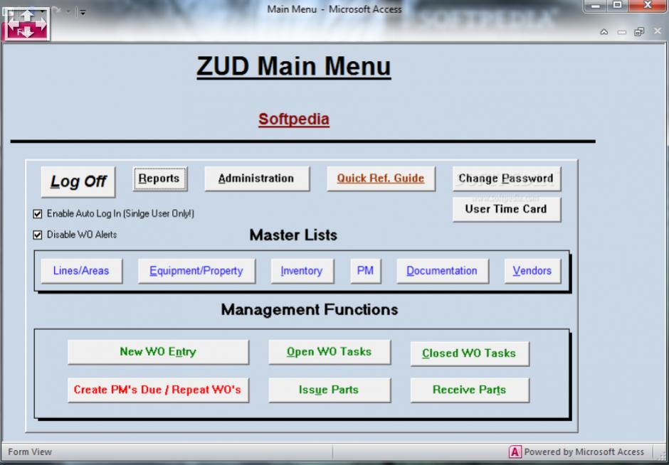 ZUD (CMMS) Database main screen