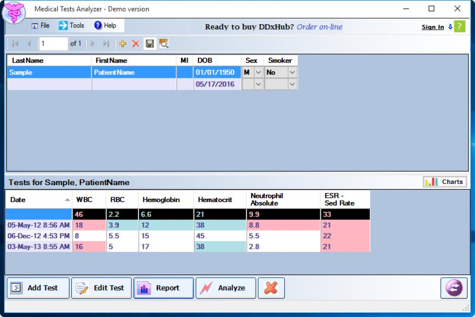 Medical Tests Analyzer main screen