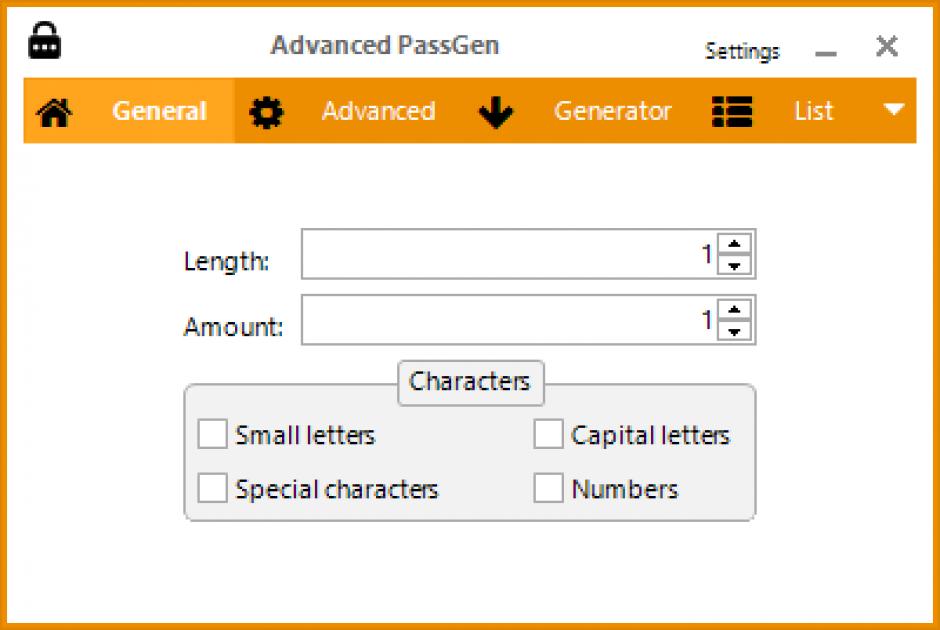 Advanced PassGen main screen