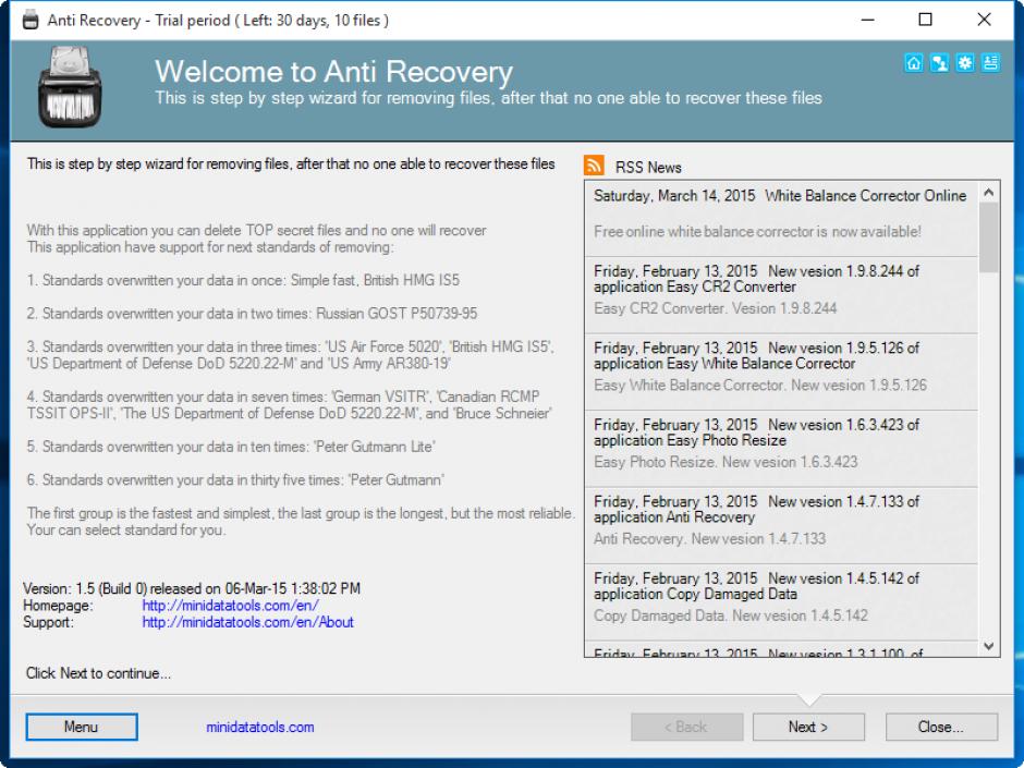 Anti Recovery main screen