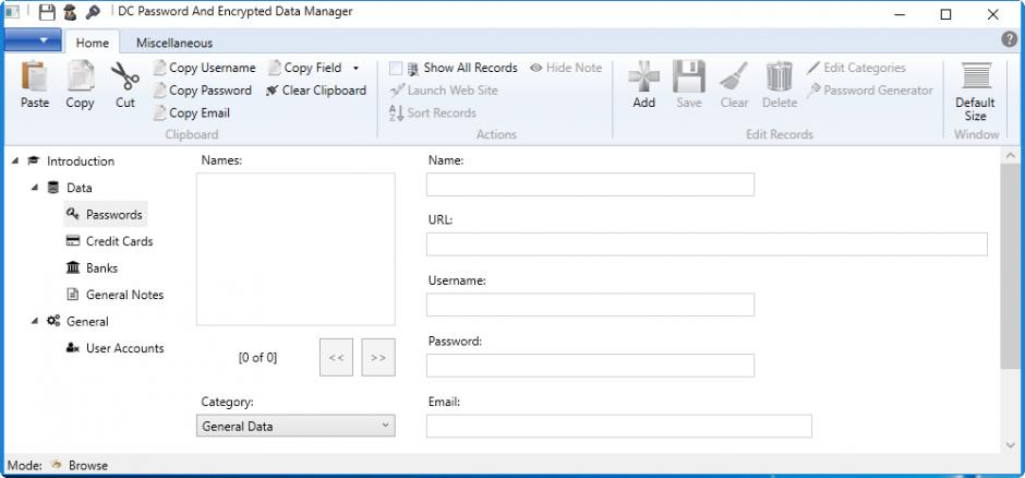 DC Password and Encrytped Data Manager main screen