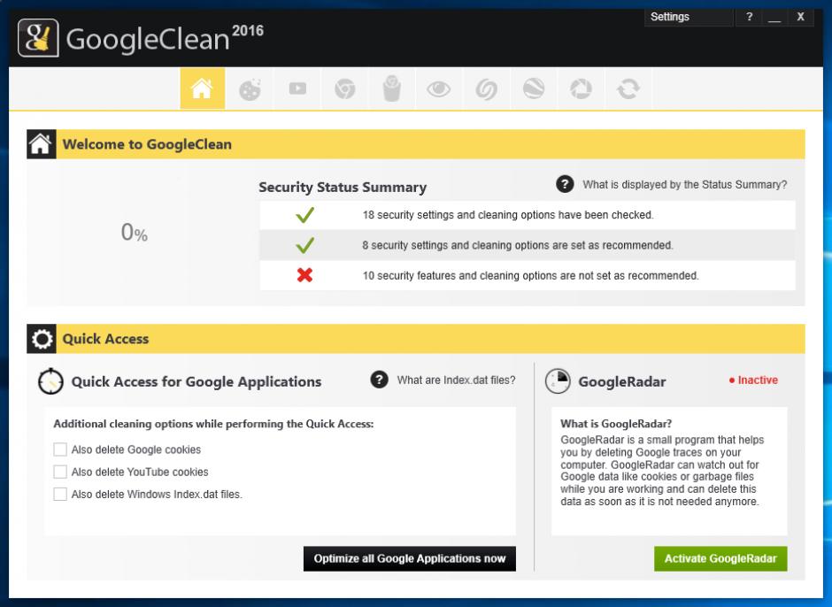 GoogleClean main screen